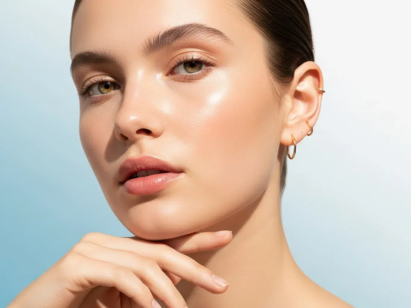young woman with exceptionally radiant dewy skin and defined facial features