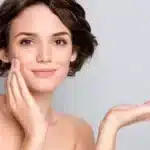 Portrait of positive dreamy harmony girl hold hand touch finger