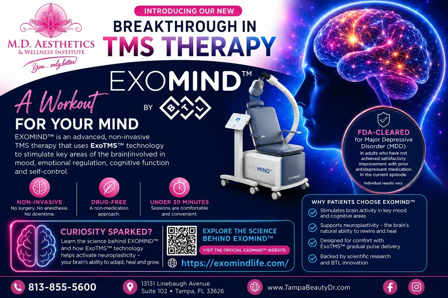 EXOMIND TMS Therapy promotional graphic by M.D. Aesthetics & Wellness Institute highlighting non-invasive brain stimulation.
