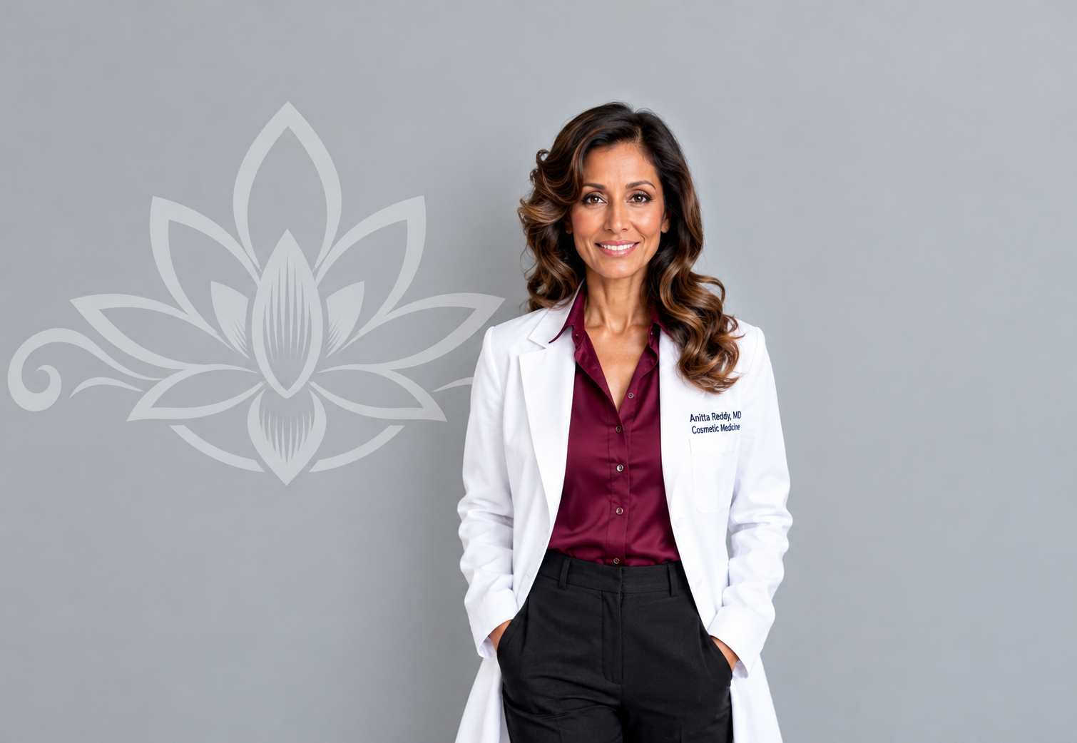 Dr. Anitha Reddy wearing a white coat over a burgundy blouse